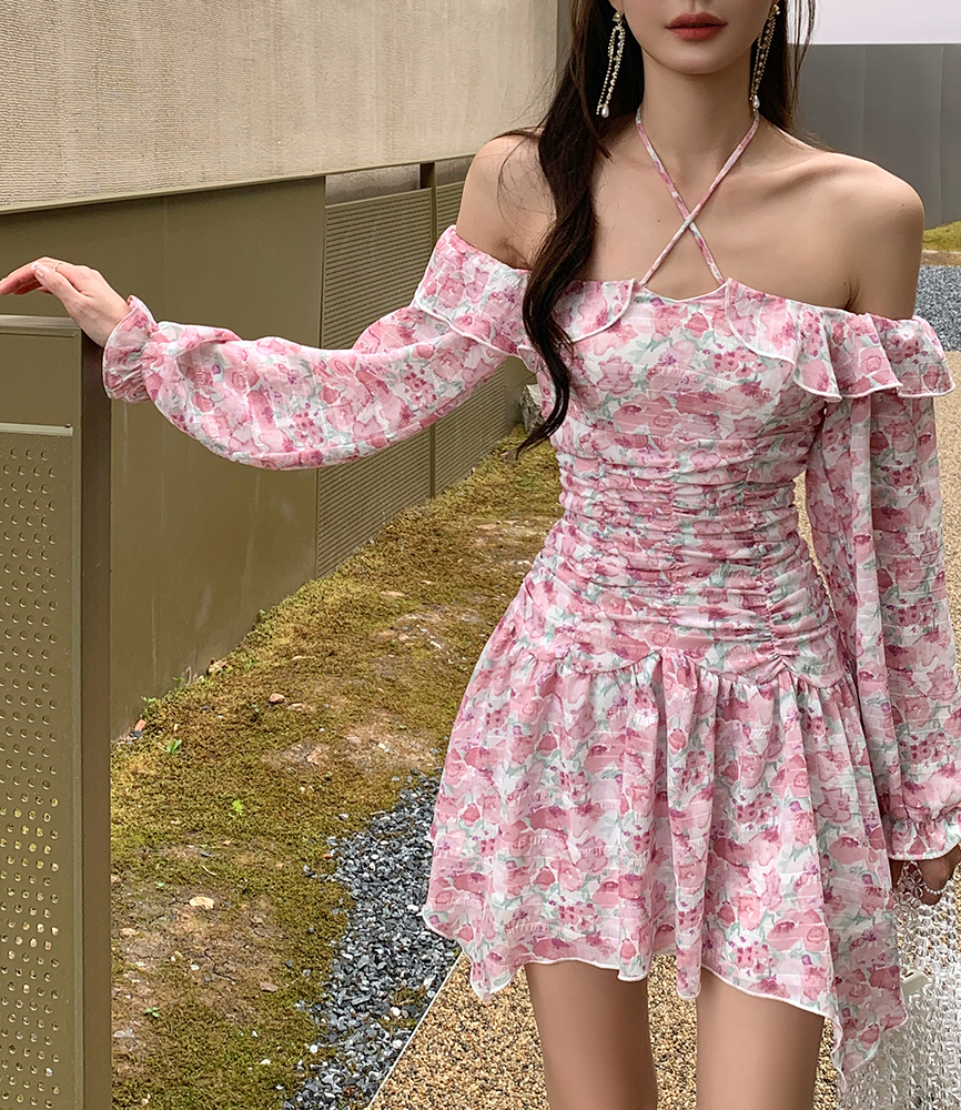 Actual photo of 2022 summer new spice girls' floral flounce neck tie dress off shoulder strap skirt children