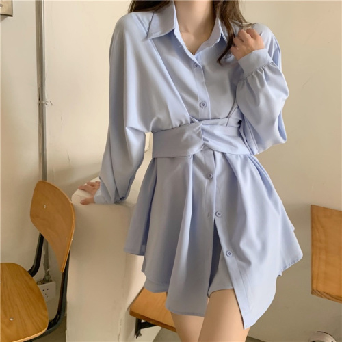 Fall 2022 new collect waist show thin Korean version of the POLO collar single breasted shirt dress blue long sleeve dress women's wear