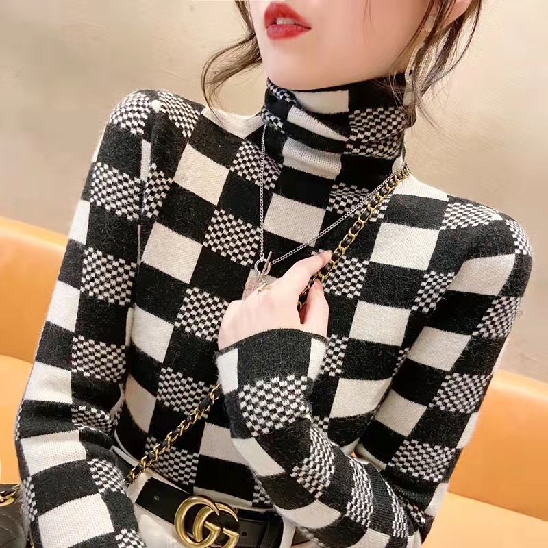 Plaid turtleneck sweater women's interior with foreign style fashion pile collar bottomed shirt top in autumn and winter 2021