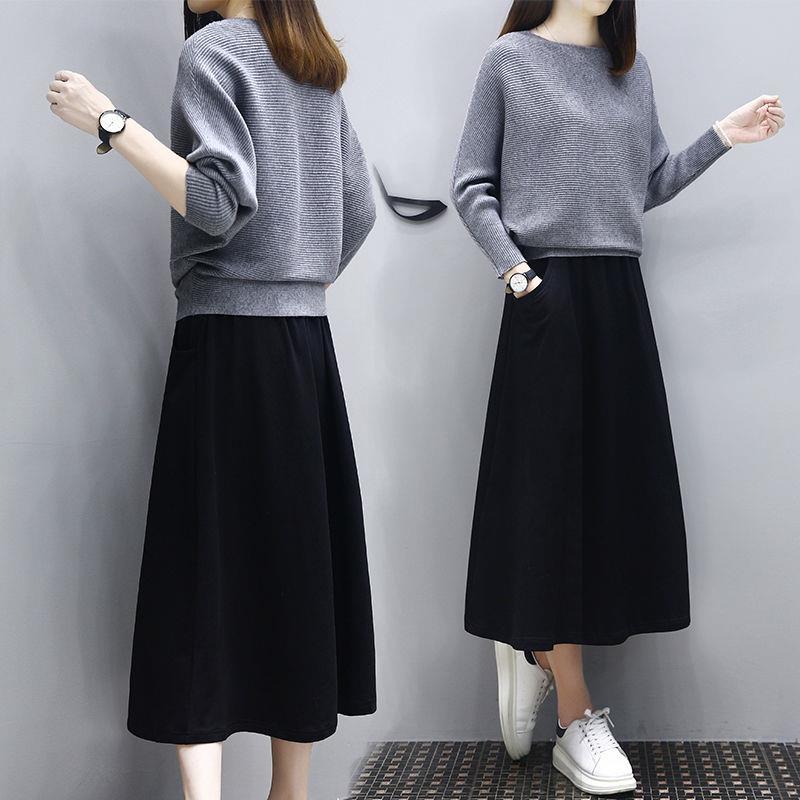 Suit ා autumn new knitted sweater women's skirt foreign style suit casual loose size two piece long skirt winter