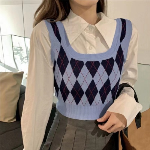 Ling Plaid waistcoat women's College style American retro knitted sleeveless top, suspender vest, superimposed outside, wear short fashion