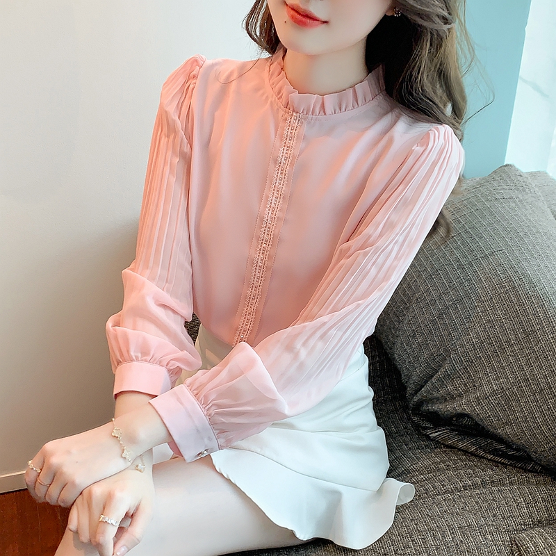Early spring bubble sleeve top design sense pink shirt women's spring long sleeve new loose large chiffon shirt