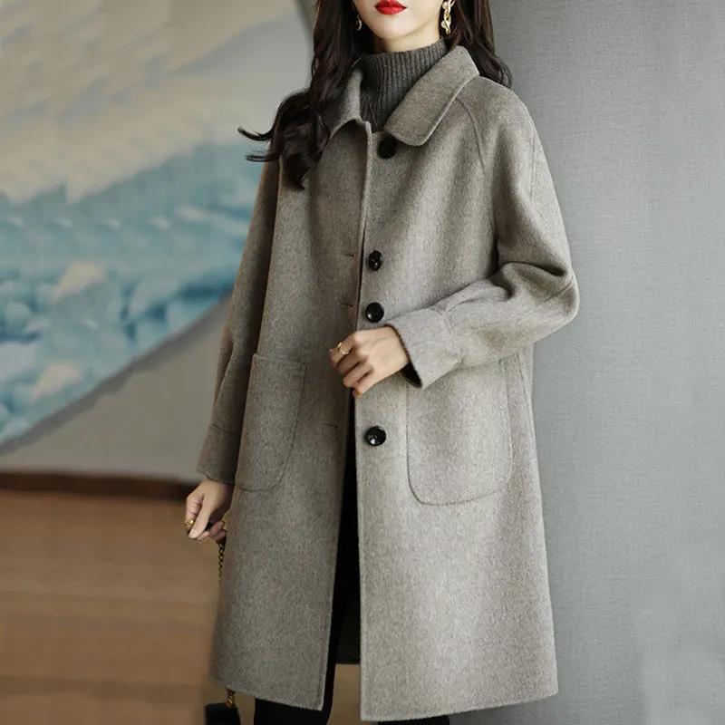 Woolen coat women's autumn and winter new style small thickened Korean style slim temperament mid-length woolen coat