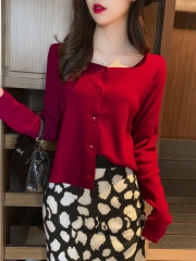 Square collar bottoming shirt women's long sleeve 2020 spring and autumn winter new loose sweater cardigan jacket Knitted Top