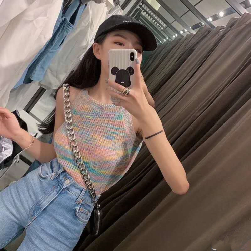 Sleeveless knitting rainbow suspender vest with all kinds of thinness, heart leakage, collarbone hanging neck top, women's summer off shoulder sexy trend