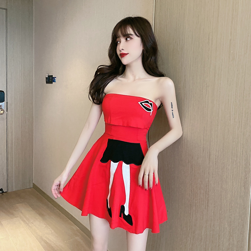 Real photo of new summer red lip embroidery open back bra sexy A-line dress nightclub skirt dress