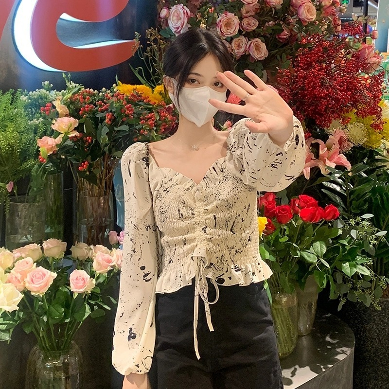 Puff sleeve shirt women's autumn 2023 new retro French design sense of self-cultivation slim drawstring long-sleeved top