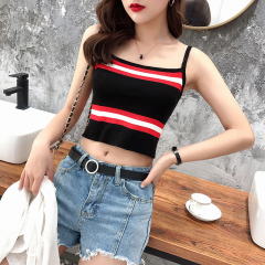 Summer stripe color matching thin shoulder belt slim slim suspender tank top women's Retro knitting bottoms trend