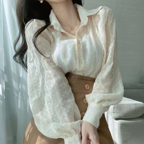 Korean chic autumn elegant temperament lapel heavy industry three-dimensional hook flower loose micro-permeable puff sleeve shirt top female