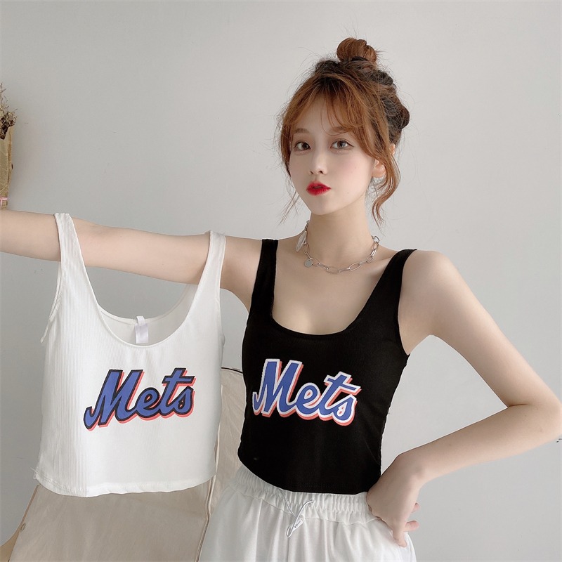 Real shooting fiber short vest suspender T-shirt women's summer dress thread printing sports bottomed Shirt Top