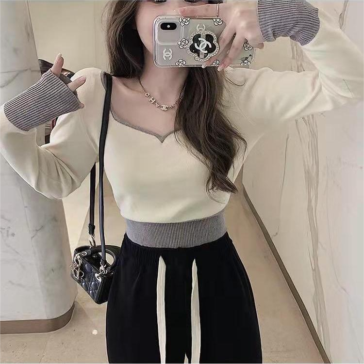 2023 Spring New Korean Style Fashion Sweater Casual V-neck Stitching Contrast Color Slim Long-sleeved Knitwear Tops Women