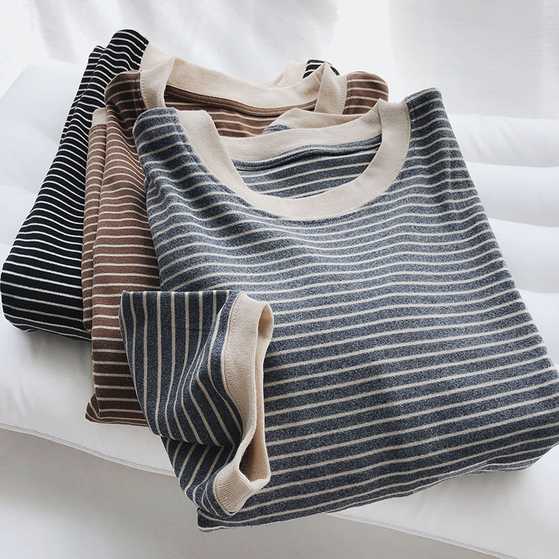 Official map Autumn and winter round neck German velvet women's top double-sided brushed stripes back strip long-sleeved warm thickened T-shirt
