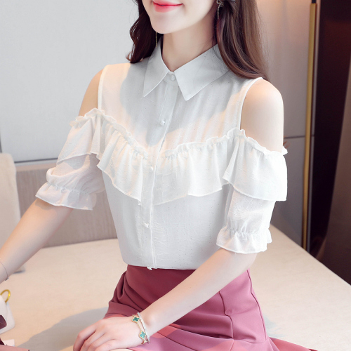 Leaky shoulder chiffon blouse women's short sleeve summer super immortal Korean version loose air small shirt with ruffle edge off shoulder top trend