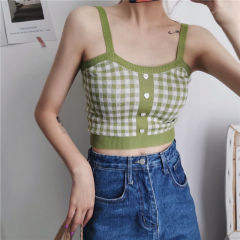Summer new Plaid suspender waistcoat for women with elegant style short open navel Knitted Top