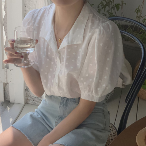 2020 South Korea spring and summer ins lovely flower embroidery bubble sleeve shirt female lace shirt transparent design top