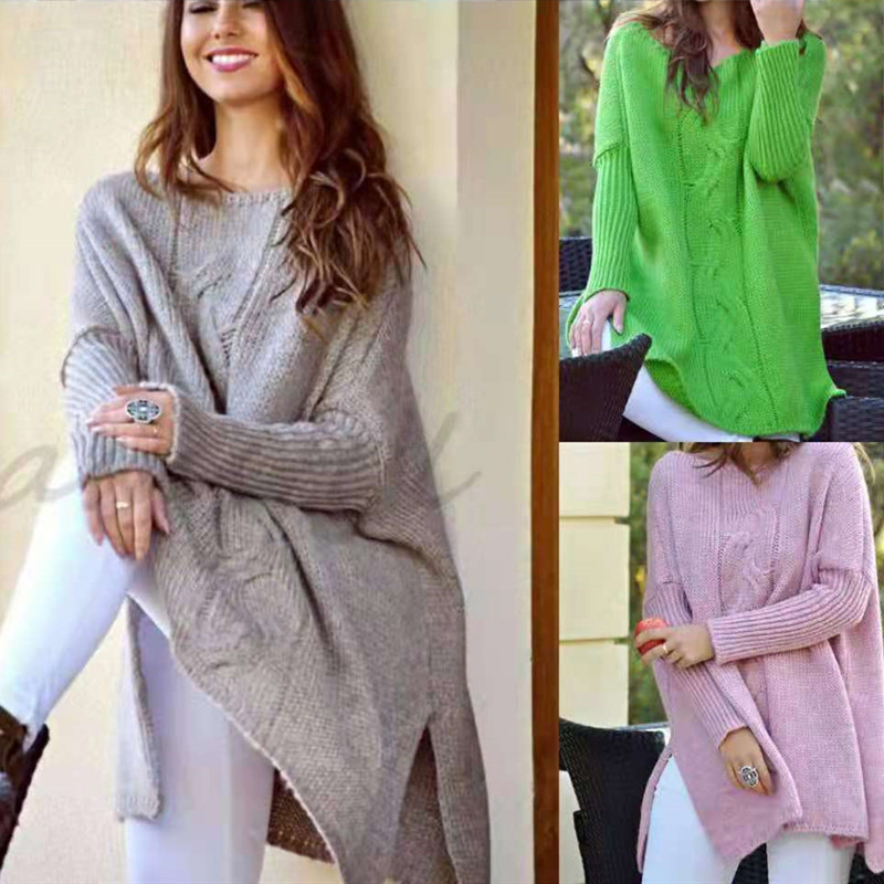 2021 thickened sweater Amazon European and American hem split top round neck loose medium length sweater