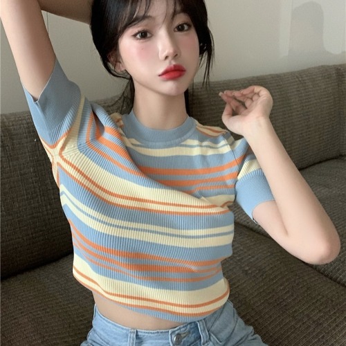 Summer 2022 new Korean slim fit short Rainbow Striped knitted short sleeved T-shirt thin exposed navel blouse women