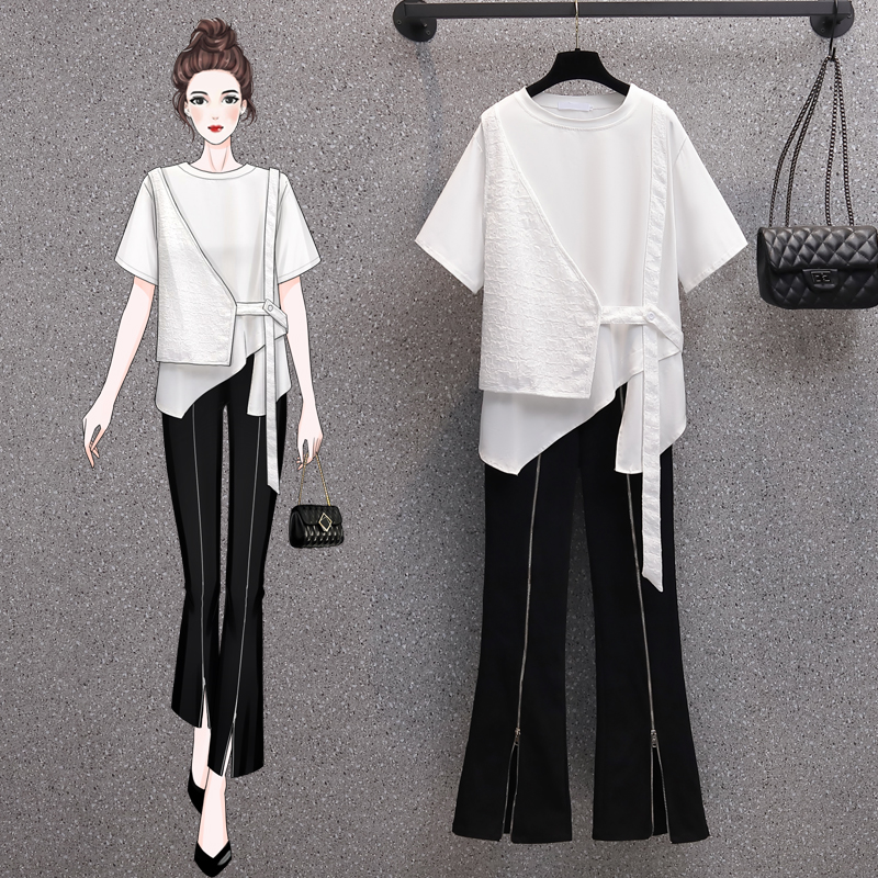 Real shooting of large women's clothes 2022 summer clothes new slightly fat sister aging thin fake two-piece coat Casual Pants Set