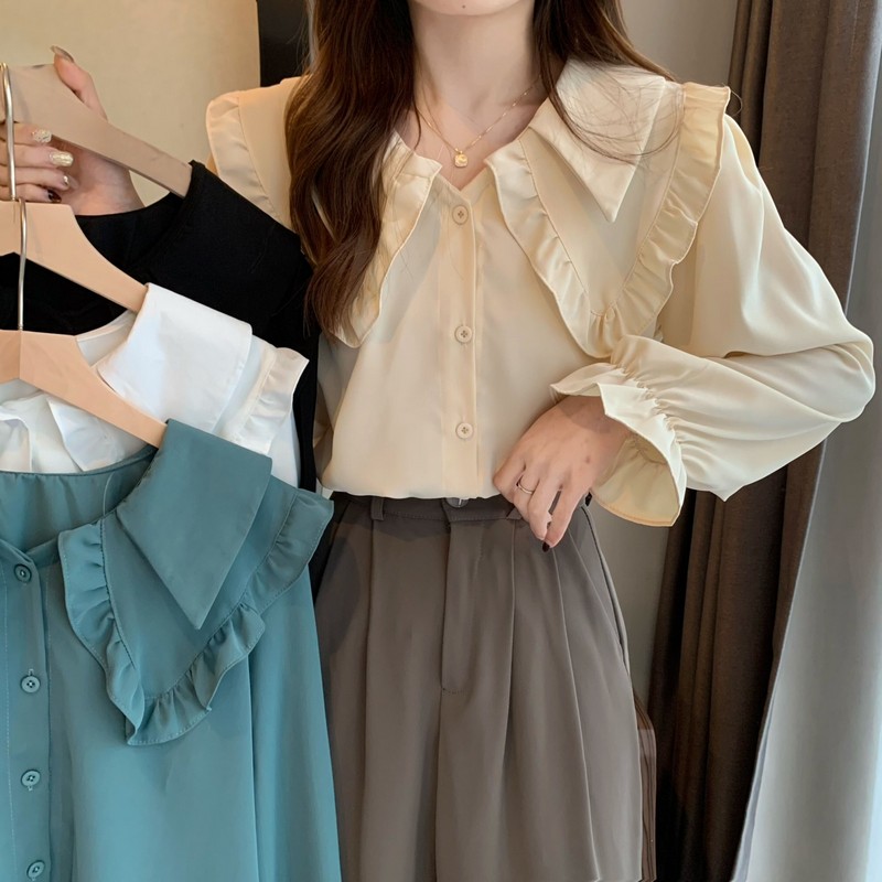 Real price real shooting new Korean version of spring double-layer fungus edge doll collar age reduction inside and outside wearing bud sleeve shirt