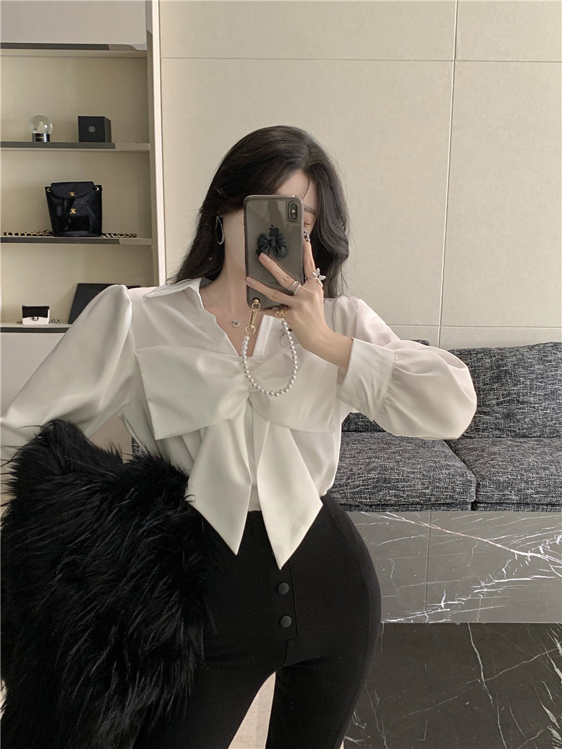 Shirt female design sense niche bowknot white long-sleeved shirt 2023 spring and summer new French chic top