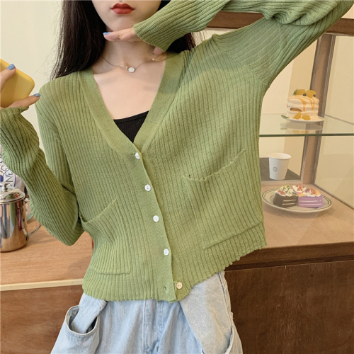 Ice silk knitted cardigan women's long sleeve summer new loose and versatile short V-neck top thin sun proof air conditioning shirt
