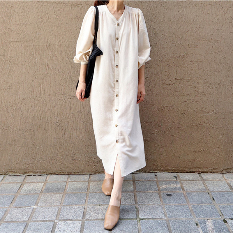 Small collar single breasted loose belly covering cotton linen long skirt coat autumn Korean version simple lace up waist dress