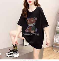 Real shooting 65 / 35 cotton cartoon hot drilling loose short sleeve T-shirt women's fashion 2021 new summer Korean clothes