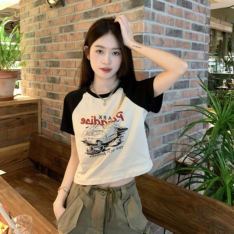 Fashion super hot new American style retro printing short-sleeved T-shirt women's summer self-cultivation short casual all-match top women