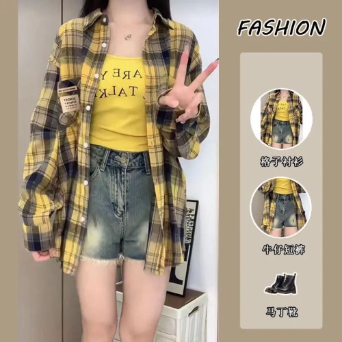 Korean-style yellow checkered long-sleeve women's summer retro brushed loose mid-length sun protection shirt, outerwear top