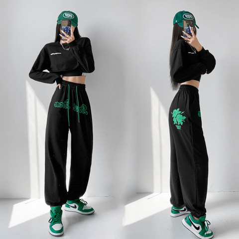 2022 new street rose printed loose sports pants women's slim casual pants high waist drawstring leggings