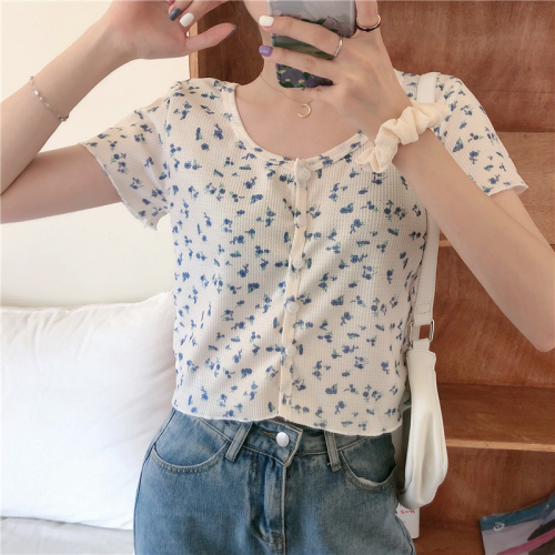 Real photo real price summer new Korean Slim small floral round neck short sleeve cardigan women's top