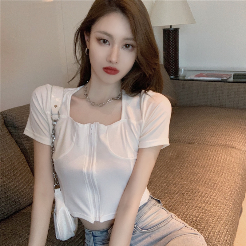 Real shooting square collar open navel short sleeve T-shirt real price