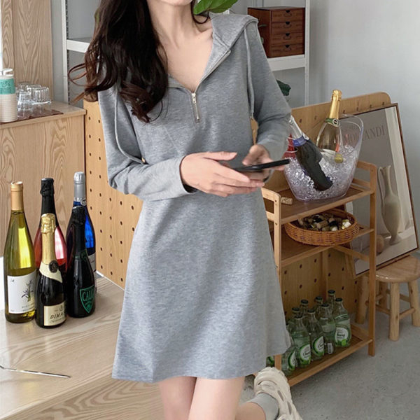 Plus Size Women's Long Sleeve Mid Length Zip Hooded Sweater T-Shirt Women's Loose Slim Lazy Dress