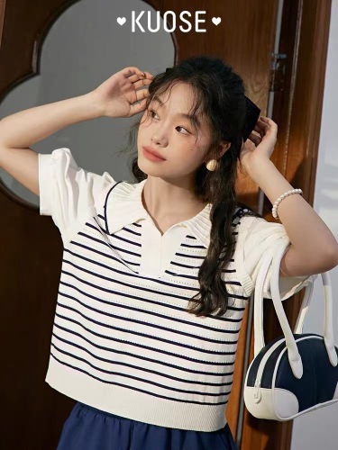 Wide color ice stripe sweater women's summer polo shirt fake two short sleeve T-shirt short bubble sleeve top