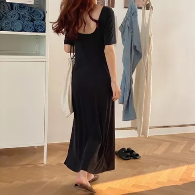 Real price French retro square collar careful machine backless slim dress