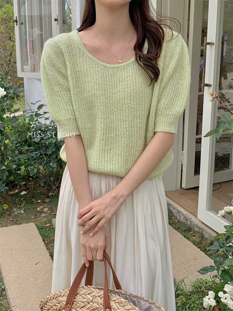 miss Miss Korean style 2023 spring new solid color U-neck all-match loose short-sleeved sweater sweater for women
