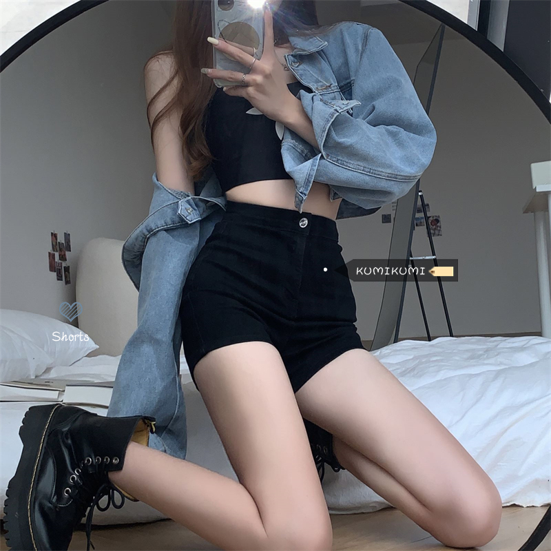 Hong Kong style design sense jeans women's summer high waist slimming hot pants tight hot girl shorts ins pants