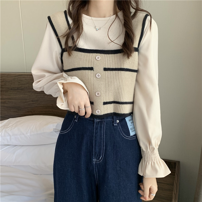 Real shot real price Korean version new loose stripe knitted vest bubble sleeve casual top two-piece set