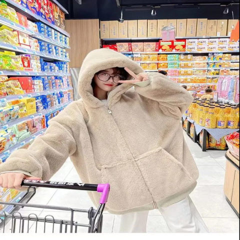 2022 Korean style loose plush coat women's winter imitation rex rabbit fur mid-length thickened hooded coat