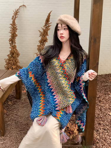 Real price real shot ethnic style shawl travel wear knitted sweater outer cape coat cape scarf female
