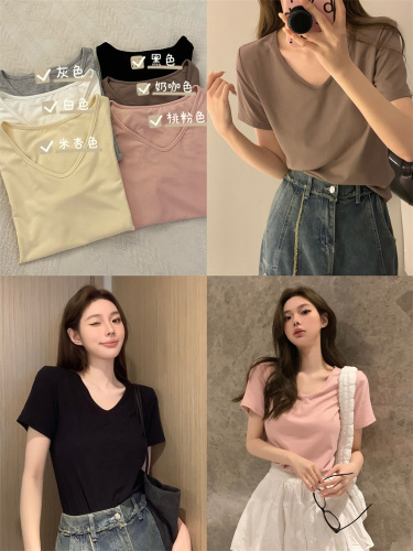Real shot real price collarbone t-shirt women loose all-match short-sleeved large neckline V-neck bottoming shoulders U-neck inner top