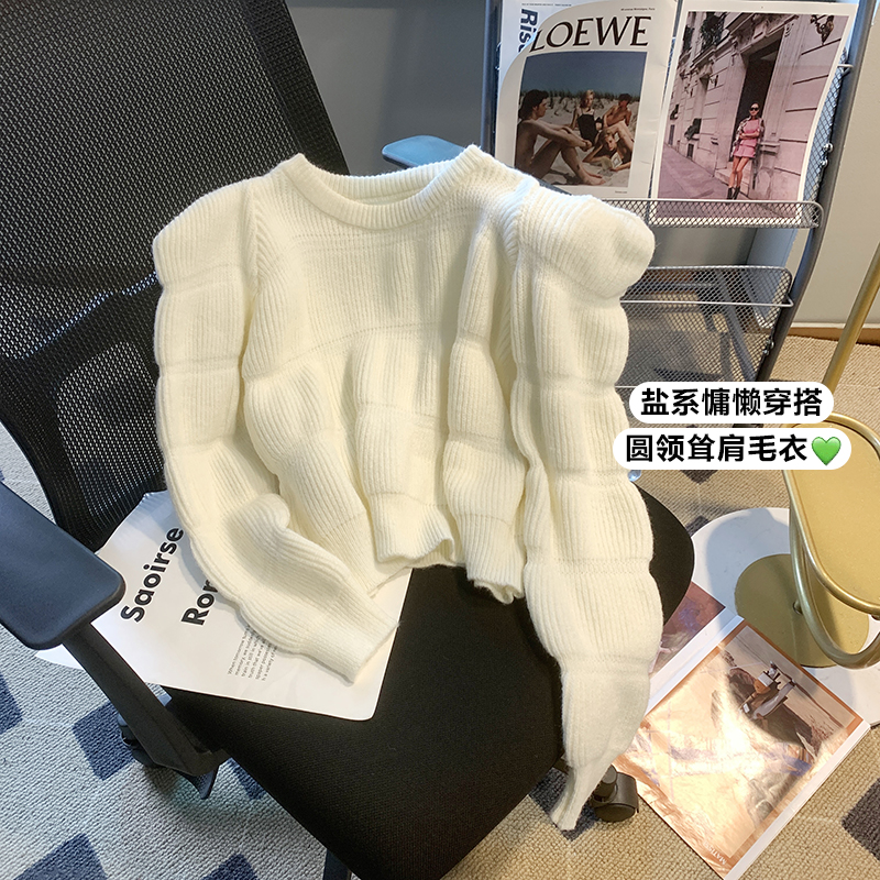 Real shot Korean chic autumn and winter sweet and simple round neck loose all-match solid color puff sleeve knitted pullover sweater women