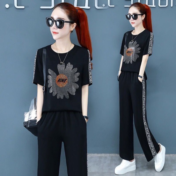 Little Daisy hot diamond leisure sports suit pants women's 2022 summer new fashion large loose two-piece set
