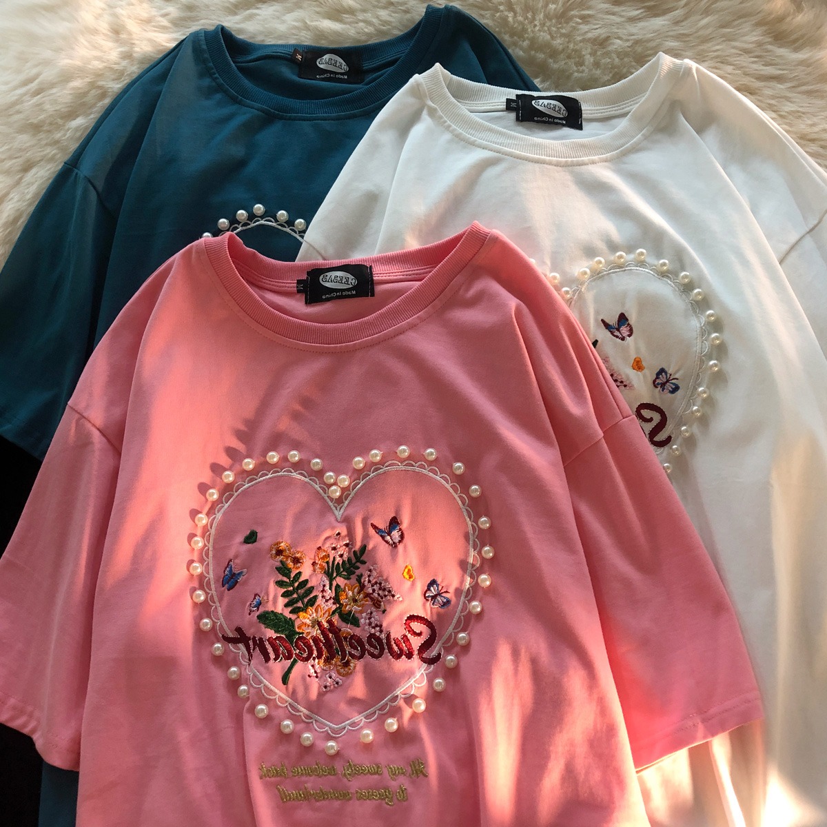 Official T-shirt women's short sleeve Vintage pearl embroidery girlfriends half sleeve design sense of minority loose large top