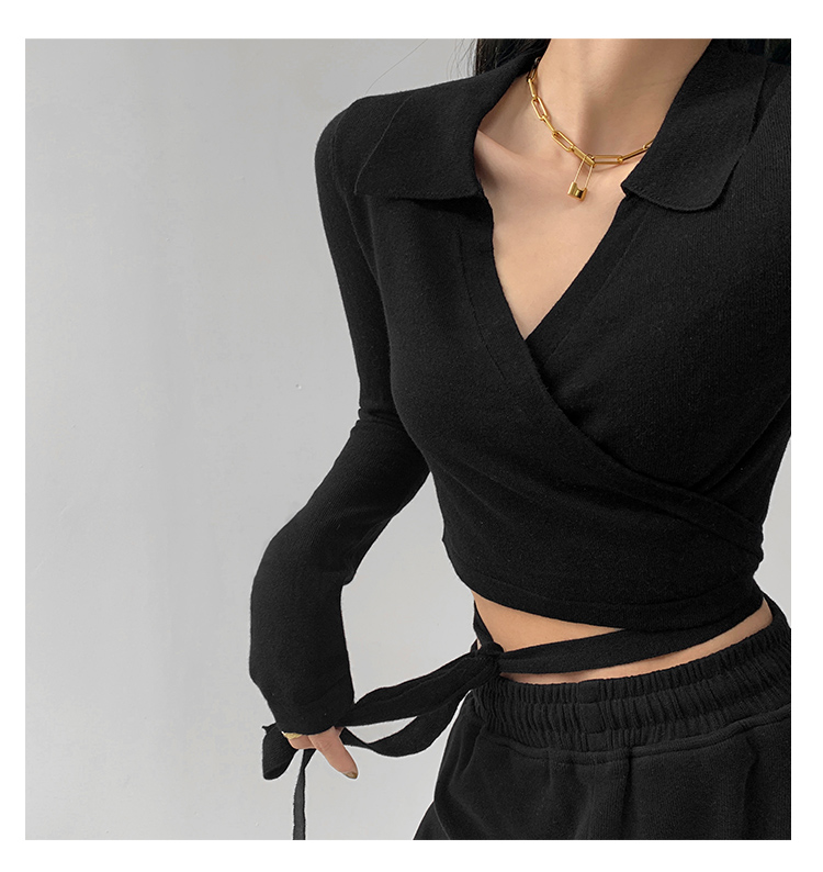 Spice Girl design sense collar sweater women's autumn and winter waist cross strap bottomed shirt