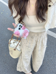 Shot #Knit Cardigan Long Sleeve Tapered Coat Straps Top + Printed High-Waisted Wide Leg Pants Three-Piece Set