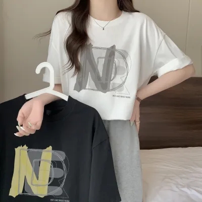 Real shot real price 100% cotton combed cotton printed summer short-sleeved T-shirt women's loose Korean version