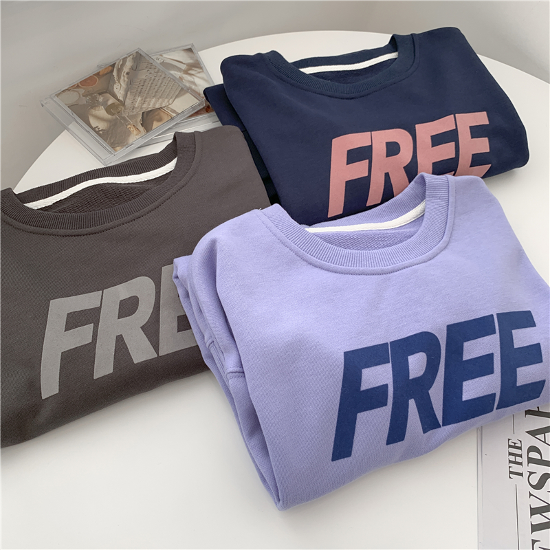 Peacock blue raglan sleeve letter printed sweater women's Korean autumn and winter circle cotton loose long sleeve Pullover Top