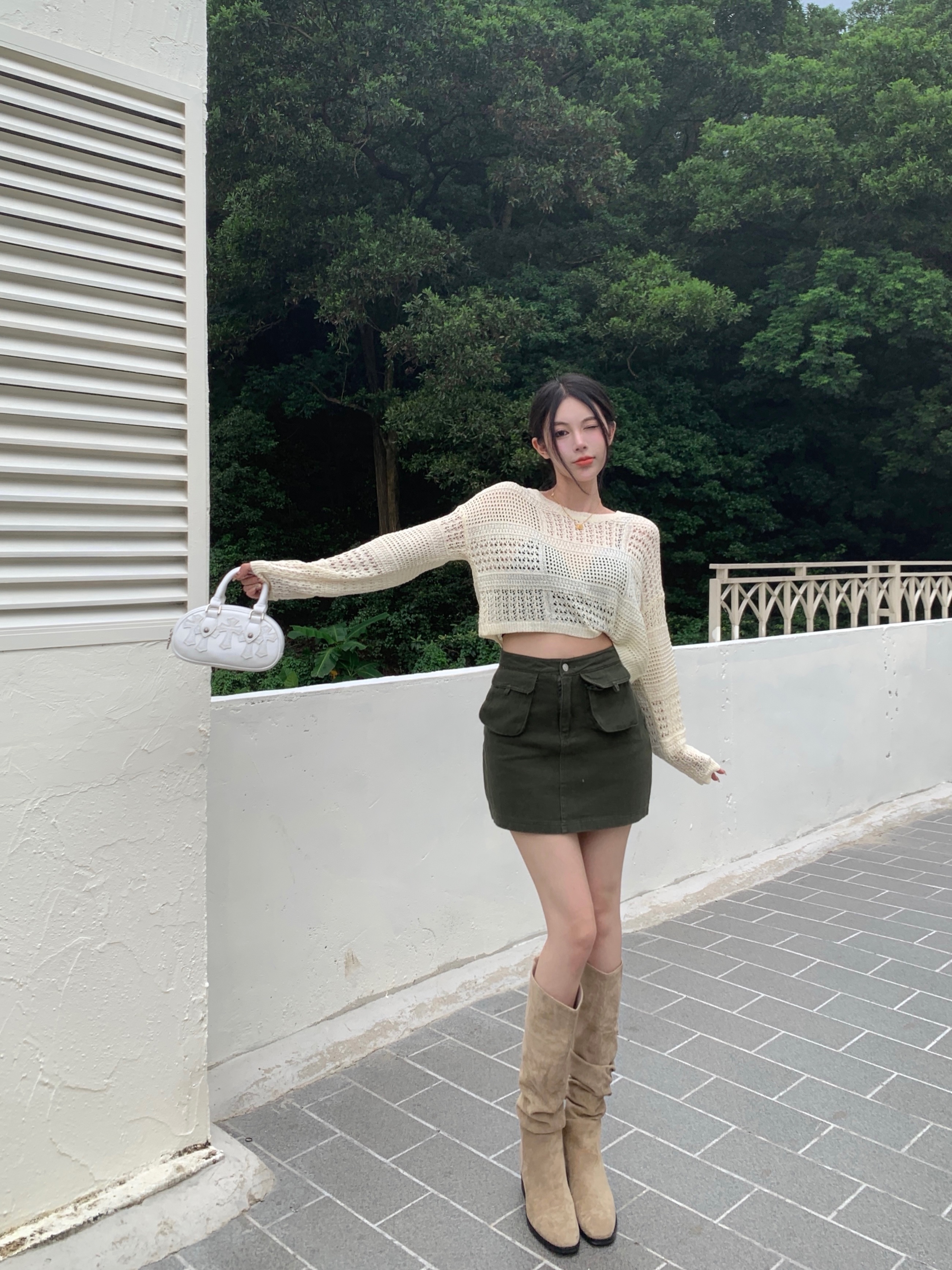 Real price hollow out Crochet knitted sunscreen blouse, high waist, thin, light proof A-line skirt, short skirt