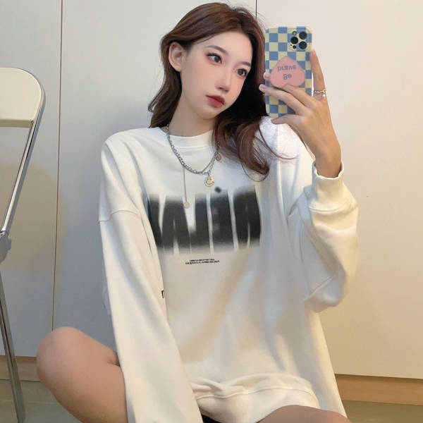 Real shot Korean lazy loose letter printed round neck cotton sweater